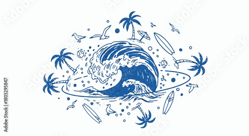 Hand-drawn retro vector illustration centered on a crashing ocean wave surrounded by palm trees, surfboards, seashells, and flying seagulls in a round, dynamic composition.