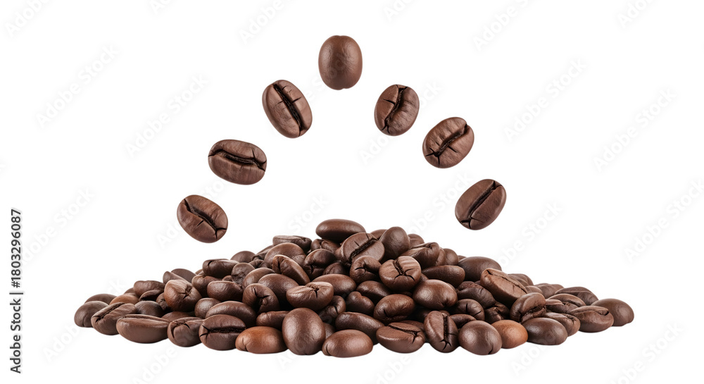 Obraz premium Pile of roasted coffee beans with falling beans isolated on transparent background