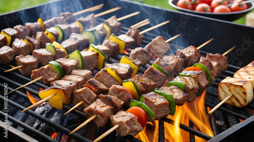 Meat skewers grill. Pork or beef are fried on open fire. Barbecue kitchen party close up image. Kebab or shashlik cooking on spits