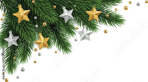 Festive Holiday Corner Decoration with Ornaments Gold and Silver Stars, Pine Sprigs