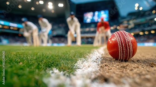 Vibrant cricket ball ready for action on the pitch, embodying sportsmanship, teamwork and the thrill of competition in a major league game