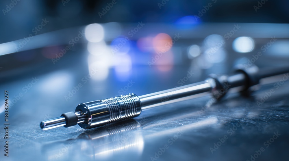 Naklejka premium laparoscope. Slender laparoscope with polished metal surface reflecting light, on a medical tray with professional lighting. product launch decks.