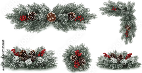 Collection of festive Christmas garlands and decorations with flocked pine branches, red berries, and pinecones isolated on a white background