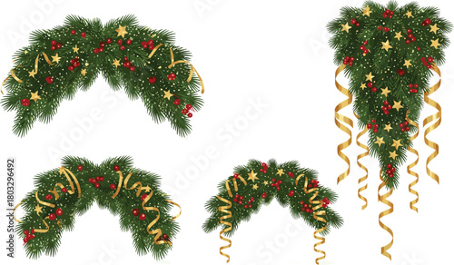Conceptual set of decorative Christmas garlands with green fir, golden stars, and ribbons, isolated for holiday design