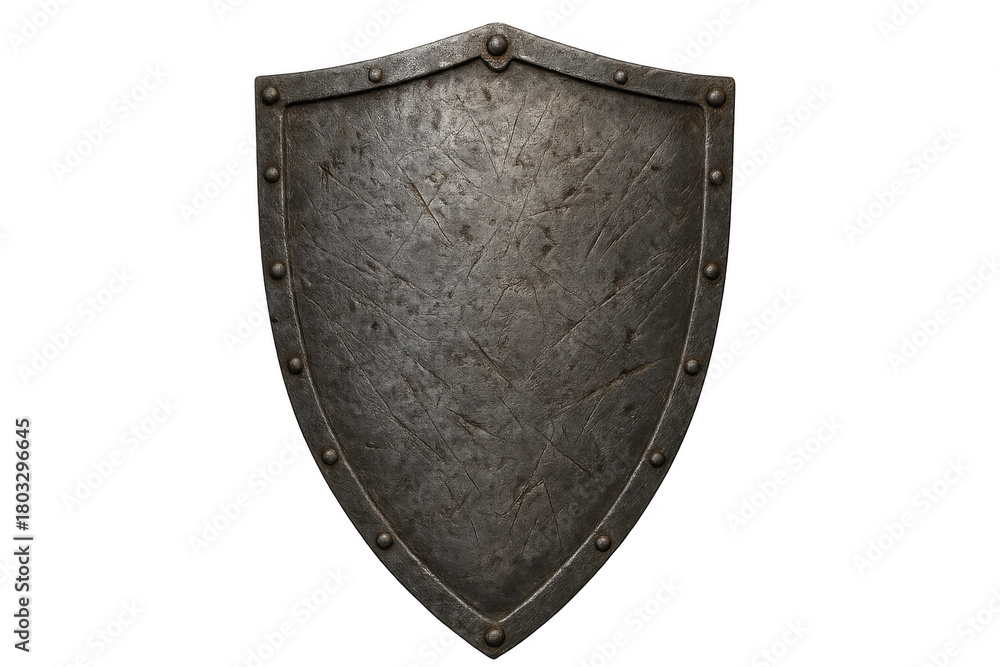 Obraz premium Metal shield standing, showing scratched and worn surface, representing defense, protection, and strength from the medieval age