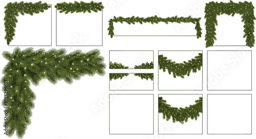 A versatile set of green Christmas garlands and fir branch borders, perfect for creating festive holiday frames and decorations