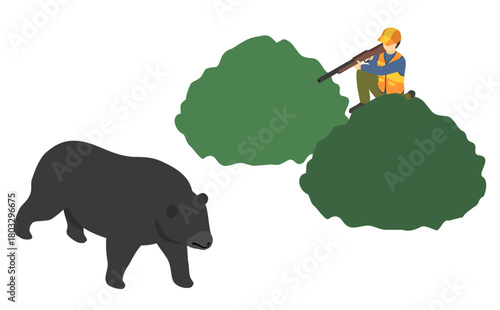 アイソメトリックイラスト：熊を狙う猟師