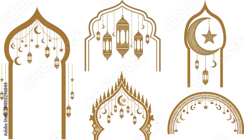 Islamic architectural arches with hanging lanterns and celestial ornaments, Ramadan and Eid celebration motifs