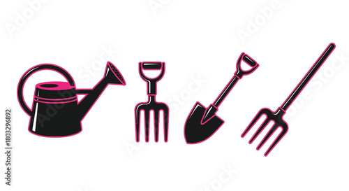 Stylish gardening tools collection featuring pink outlines on white