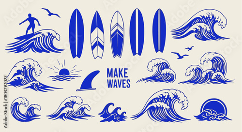 Retro single-color vector set of ocean waves, surfer riding a large wave, various surfboards, sun, shark fin, and gulls; vintage surf shop graphic assets. 