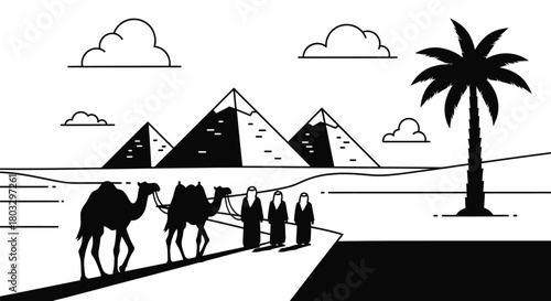 Discover ancient Egypt black and white desert scene with pyramids icon