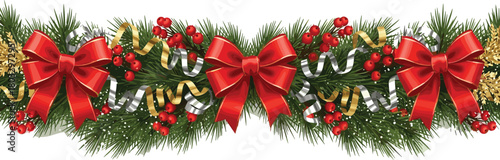 Festive Christmas Garland with Red Bows and Berries - A Classic Holiday Decoration