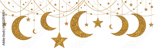 Festive Golden Crescent Moons and Stars Hanging Decorative Elements for Celebrations