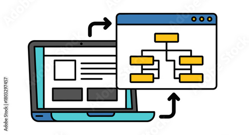 Laptop displays site structure, business strategy flow visualization