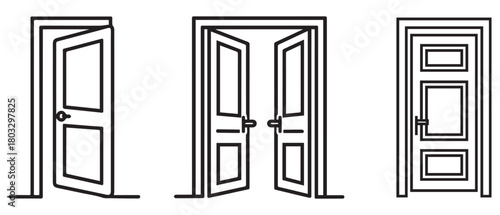 Door icon black home open and lock outline enter design.