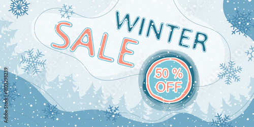 Winter banner, winter sale, trees, snowfall and snowflakes, vector design