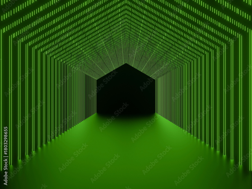Fototapeta premium Green neon tunnel. Black background with green neon lights