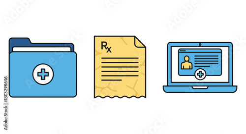 Digital health records, prescription, and patient profile icons for modern healthcare