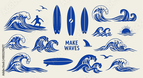 Set of vintage engraved vector elements for surfing and beach design, including powerful ocean waves, a silhouette of a surfer, various surfboards, seagulls, a shark fin, and a rising sun, all in blue