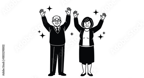 Senior couple celebrating success with raised hands and sparkling stars