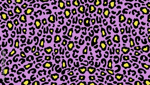 Purple leopard print texture with yellow and black spots, animal skin pattern