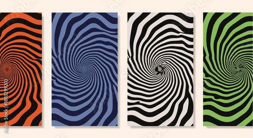 Set of four vibrant, retro-style vector posters featuring a mesmerizing, warped optical illusion swirl pattern in contrasting color combinations: orange/black, blue/dark blue, black/white, and green/b