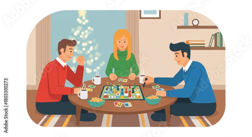 Family Board Game Night: A heartwarming scene unfolds as three individuals gather around a table, engrossed in a board game, surrounded by the cozy ambiance of a living room.