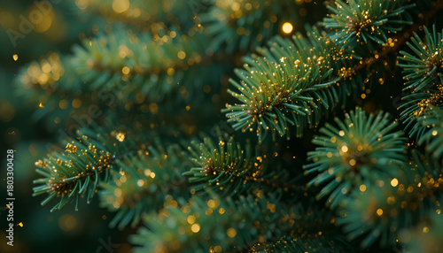 Close up of christmas tree branches with golden glitter creating a festive holiday atmosphere