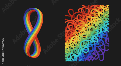 Abstract vector background with a smooth infinity loop symbol and a chaotic pattern of entangled lines, both featuring a vibrant, continuous rainbow color gradient on a dark background.