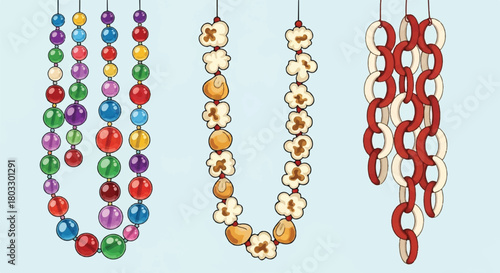 Beads Necklaces: A vibrant display of various beaded necklaces, each one unique in design and composition, dangling gracefully against a gentle backdrop.