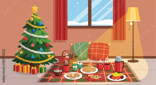 Festive Feast: Christmas morning scene with a decorated tree and holiday snacks, offering a sense of warmth and festive gathering.