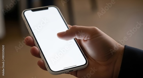 Close-up of Hand Holding a Smartphone with Blank Screen, Mobile phone, White screen, Technology