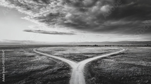 divergence. A symbolic fork in the road with two diverging paths under a dramatic sky, representing choices. wellbeing guides, coaching materials, designed for coaching and self-improvement content.