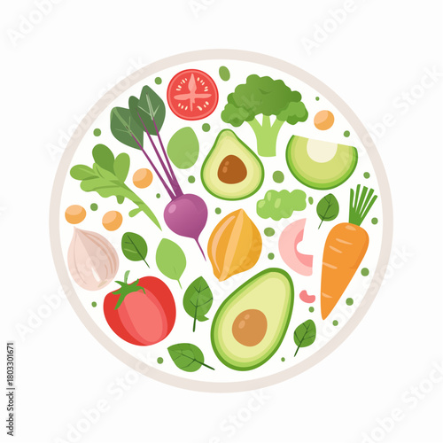 A flat lay illustration of various raw vegetables such as avocado, tomato, broccoli, and carrot arranged in a circle, representing a healthy and balanced diet
