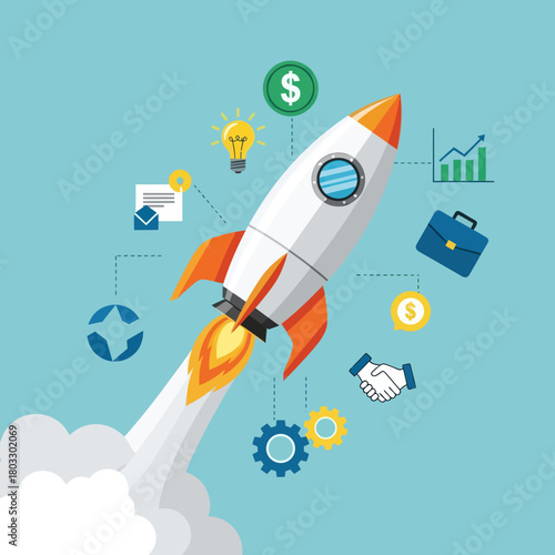 A launching rocket ship surrounded by business icons representing a startup concept.