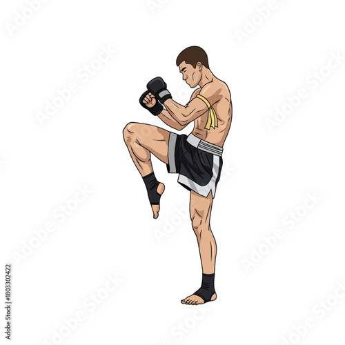 Cartoon illustration of a muscular Muay Thai fighter in a defensive knee-up stance.