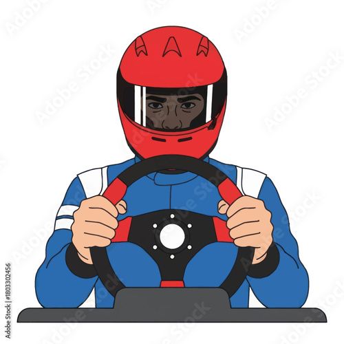Cartoon illustration of a focused race car driver in a red helmet and blue racing suit.