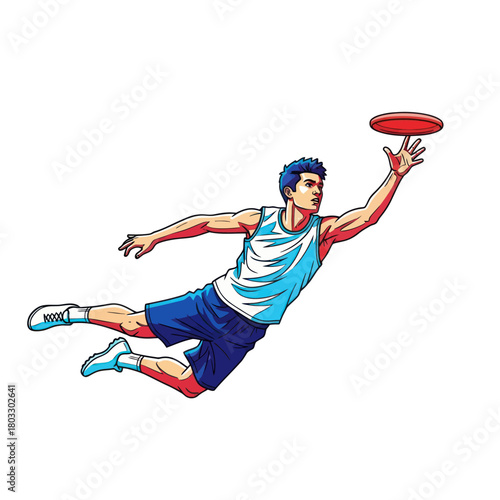 Dynamic cartoon illustration of a male athlete making a diving catch for a red frisbee.
