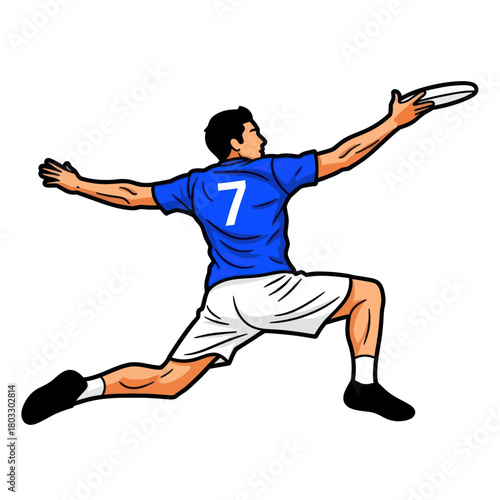 Dynamic male Ultimate Frisbee player in a blue number 7 jersey jumping to catch a white disc.