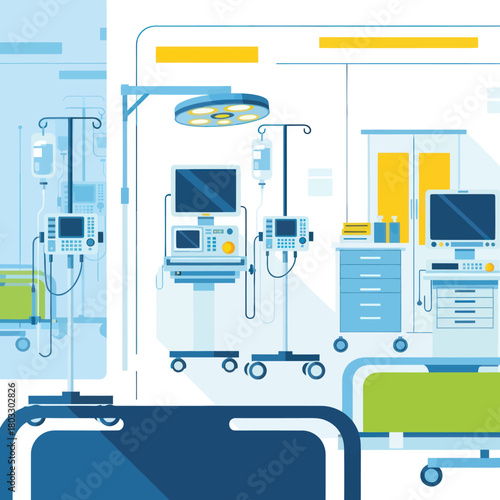 Flat design vector illustration of a modern hospital operating room with advanced medical equipment and monitors.
