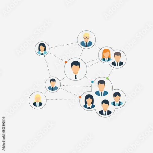 Flat vector illustration of a social business network with connected people icons.