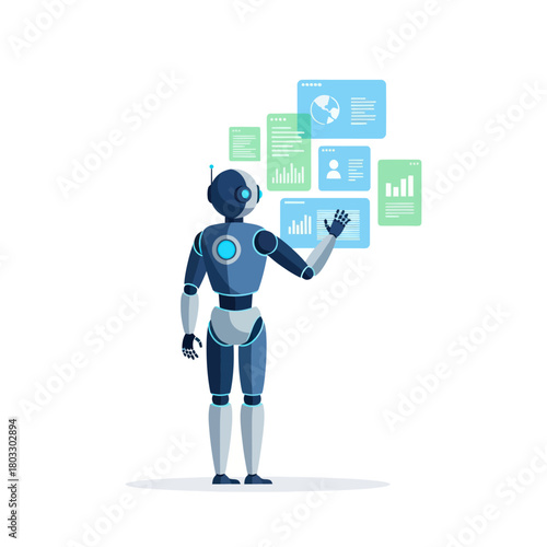 Futuristic blue android robot interacting with a virtual data analysis interface showing charts and graphs.