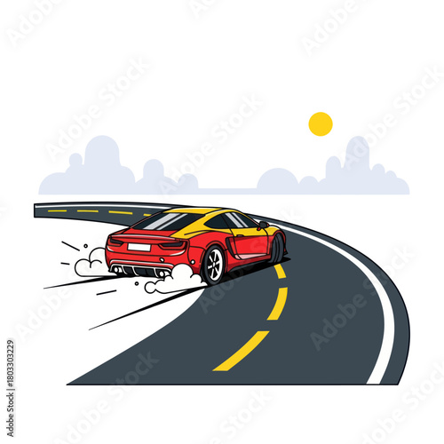 Red and yellow sports car drifting at high speed on a winding asphalt road.