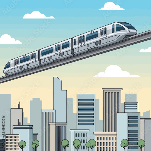 Sleek modern monorail train traveling on an elevated track above a cartoon city skyline.