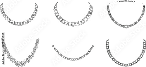 Six black and white line art illustrations of various chain necklaces and bracelets