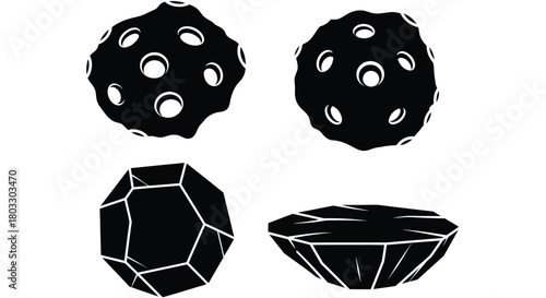 Stylized asteroids and gems set against a clean white background