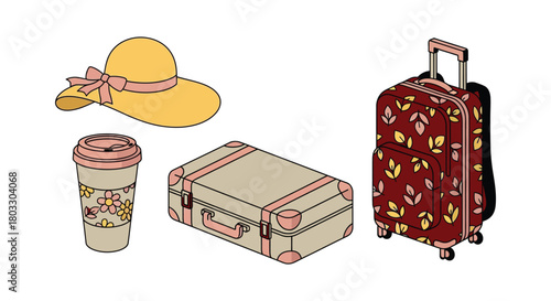 Charming travel essentials with vintage suitcases and sun hat