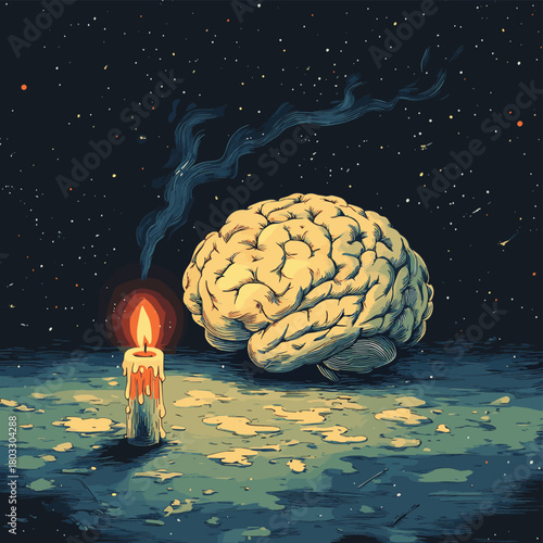 A surreal representation of a brain sculpture beside a lit candle, symbolizing thought and reflection. , vector style simple color