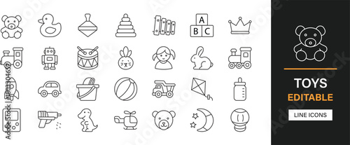 Toys icon set collection. Puzzle, blocks, robot, car, doll, train, drum, rocket, game, ball, teddy, play, gift and best solid icon set.