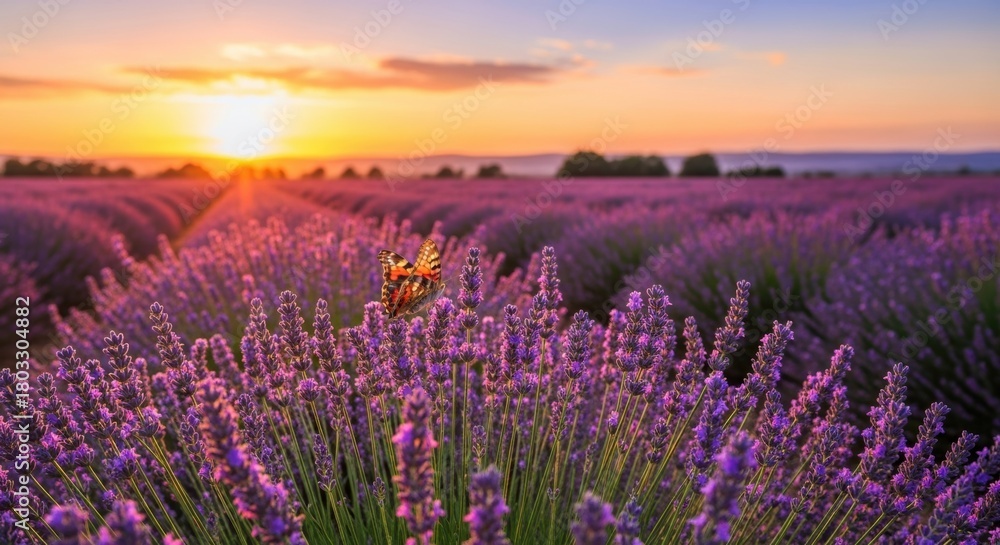 Naklejka premium Sunset Over Lavender Field with Butterfly, Nature, Floral, Purple